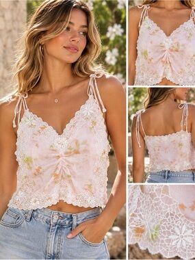 Zara Floral Lace Tie Strap Crop Top XS Pink Cottagecore Romantic Boho Cami